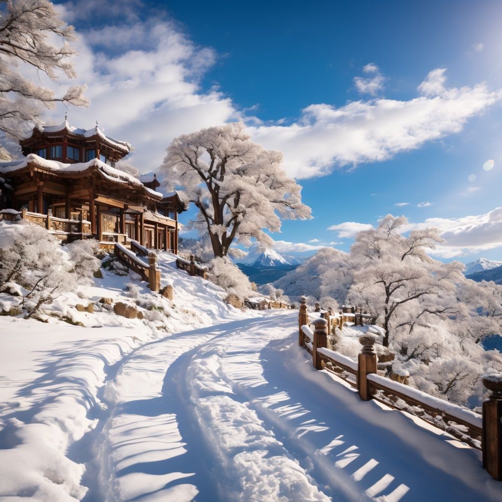 landscape, no people, architecture, outdoors, trees, clouds, snow, steps, blue sky, mountains, rocks,super fine, ultra high definition