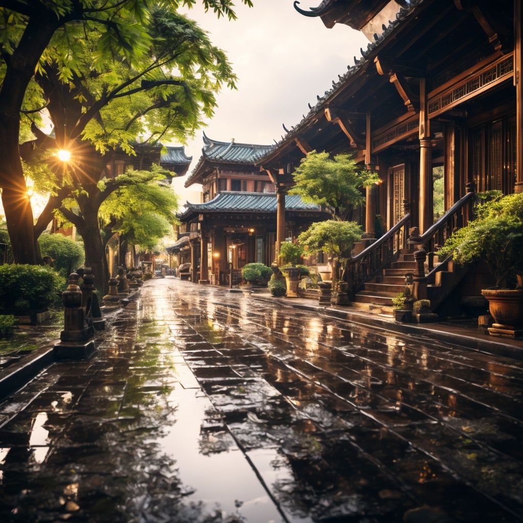 landscape, architecture, outdoors, trees, steps, reflection, no one, water, plants, sky, buildings, ultra realistic, alley, rainy day