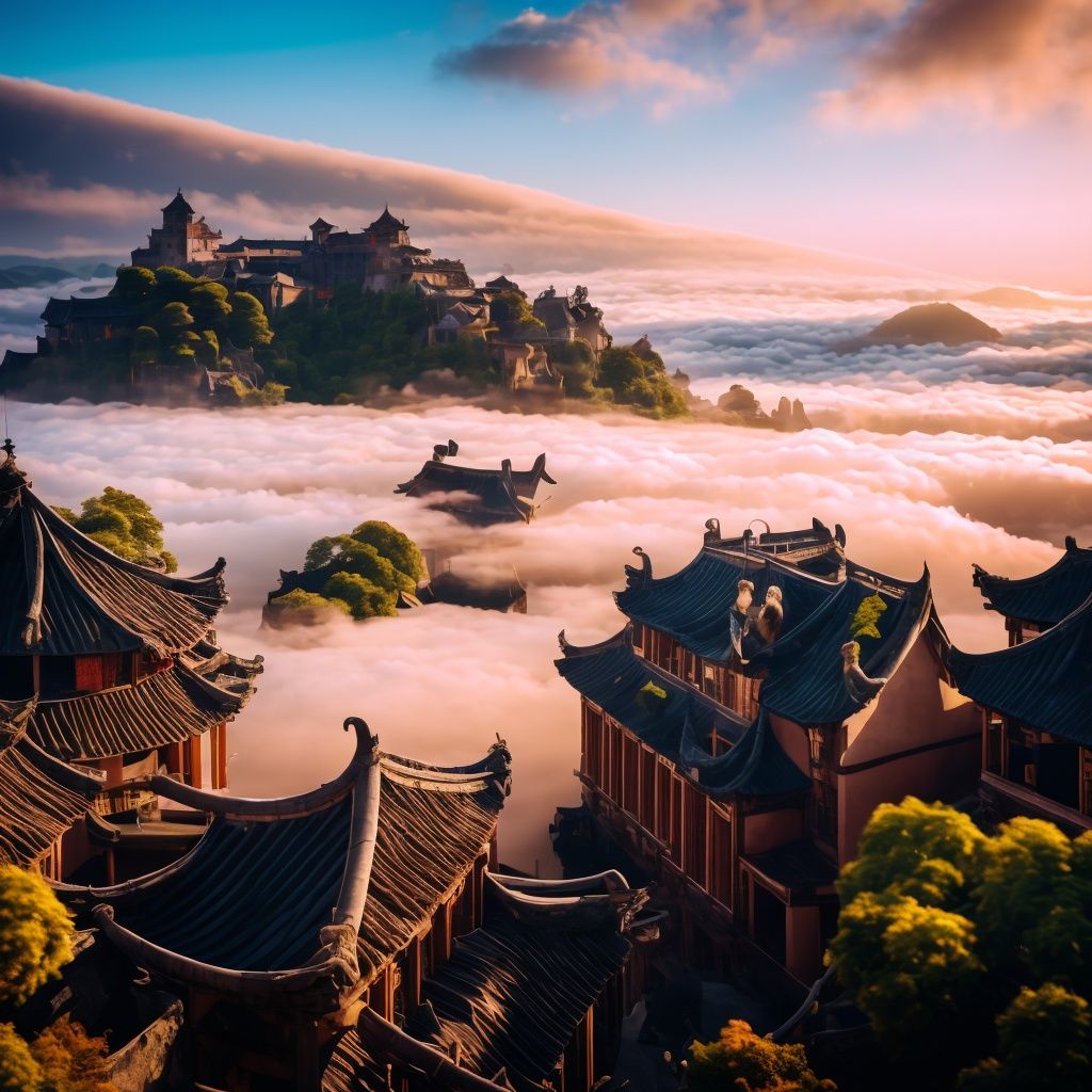 (masterpiece), (best quality: 1.2), (ultra-high resolution: 1.2), (realistic: 1.2), (8k: 1.2),nsanely detailed,  hyper quality, ultra detailed,fog,Ancient constructionm,Bird's eye view, distant mountains, sea of clouds