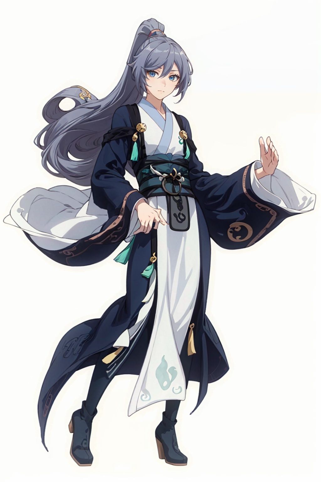 (masterpiece:1.3), (the best quality:1.2), (super fine illustrations:1.2), (Masterpiece), high quality, high detail,((white background:1.2)), looking at viewer, (SOLO:1.4),outline,,simple background,long sleeves, wide sleeves,fu hua,hair between eyes,ponytail,ornament,hair ornament,Grey hair,Chinese clothes,taoist robes, boots, long hair, blue eyes