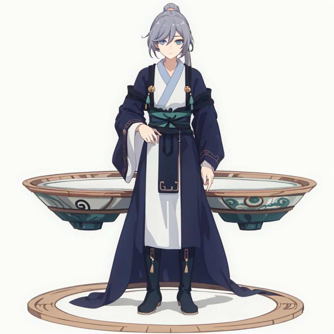 (masterpiece:1.3), (the best quality:1.2), (super fine illustrations:1.2), (Masterpiece), high quality, high detail,((white background:1.2)), looking at viewer, (SOLO:1.4),outline,,simple background,long sleeves, wide sleeves,fu hua,hair between eyes,ponytail,ornament,hair ornament,Grey hair,Chinese clothes,taoist robes, boots, long hair, blue eyes