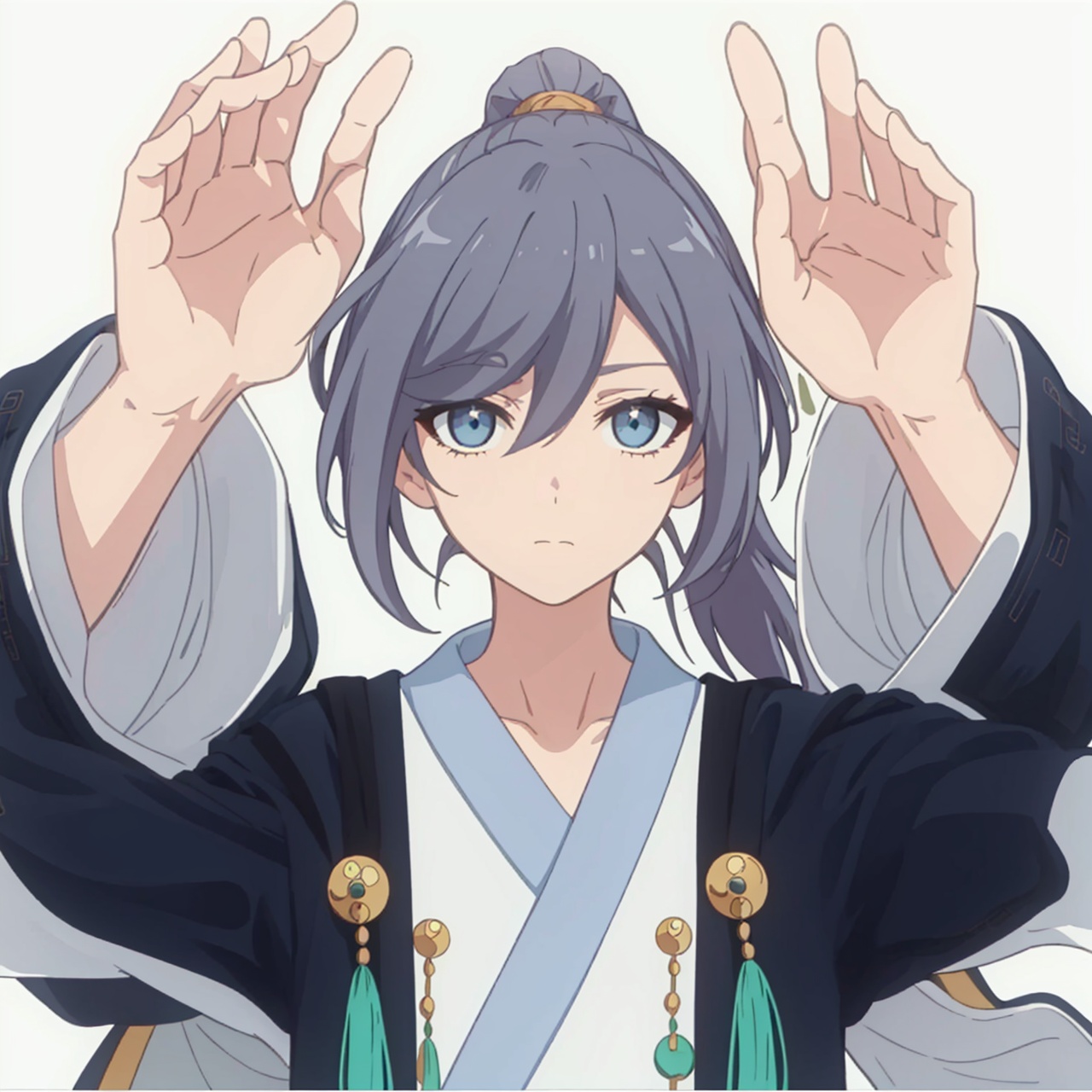  (masterpiece:1.3), (the best quality:1.2), (super fine illustrations:1.2), (Masterpiece), high quality, high detail,((white background:1.2)), looking at viewer, (SOLO:1.4),outline,,simple background,long sleeves, wide sleeves,fu hua,hair between eyes,ponytail,ornament,hair ornament,Grey hair,Chinese clothes,taoist robes, boots, long hair, blue eyes