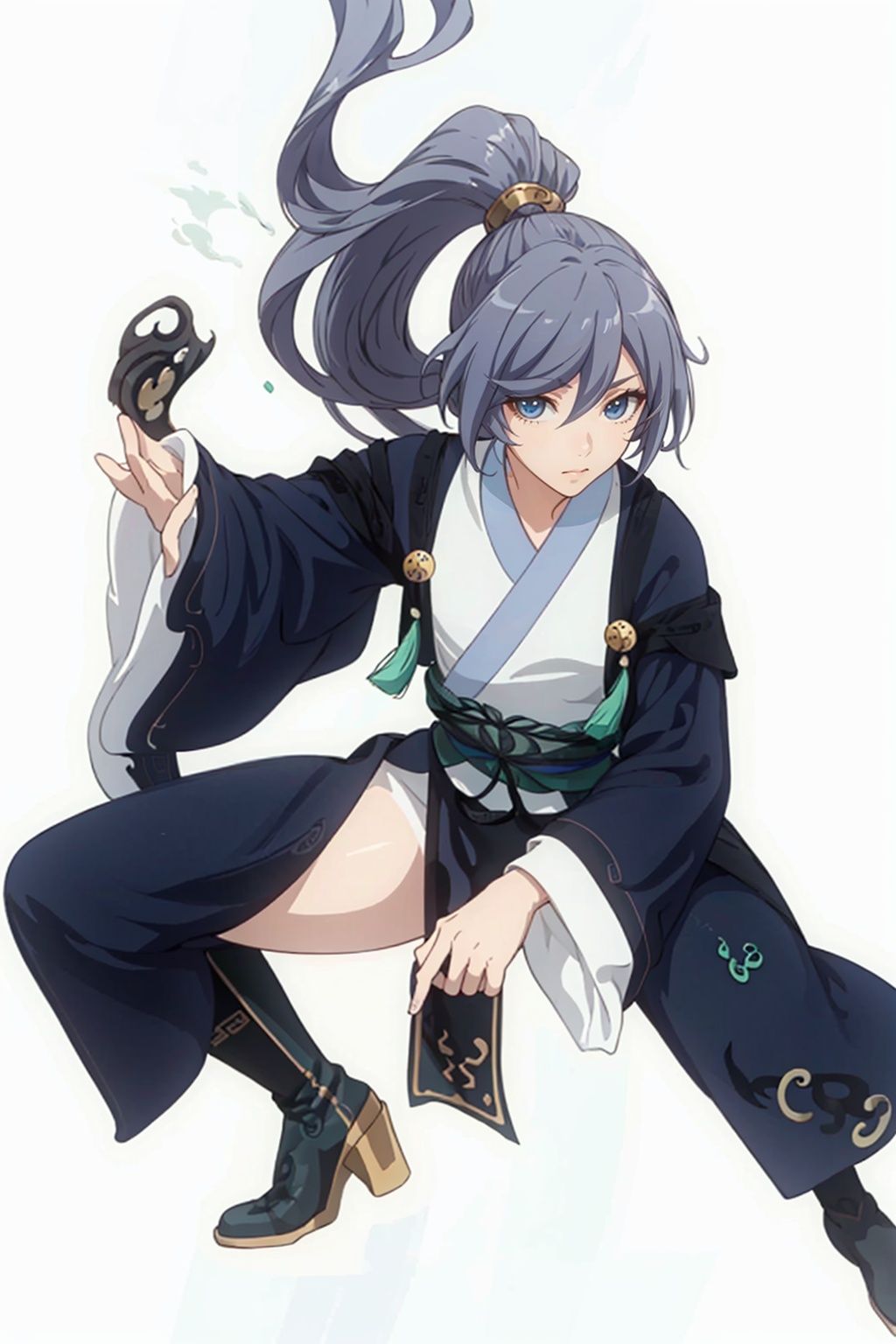 (masterpiece:1.3), (the best quality:1.2), (super fine illustrations:1.2), (Masterpiece), high quality, high detail,((white background:1.2)), looking at viewer, (SOLO:1.4),outline,,simple background,long sleeves, wide sleeves,fu hua,hair between eyes,ponytail,ornament,hair ornament,Grey hair,Chinese clothes,taoist robes, boots, long hair, blue eyes