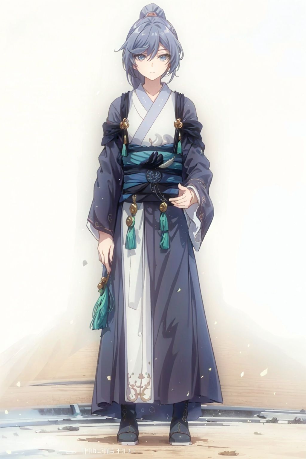 (masterpiece:1.3), (the best quality:1.2), (super fine illustrations:1.2), (Masterpiece), high quality, high detail,((white background:1.2)), looking at viewer, (SOLO:1.4),outline,,simple background,long sleeves, wide sleeves,fu hua,hair between eyes,ponytail,ornament,hair ornament,Grey hair,Chinese clothes,taoist robes, boots, long hair, blue eyes