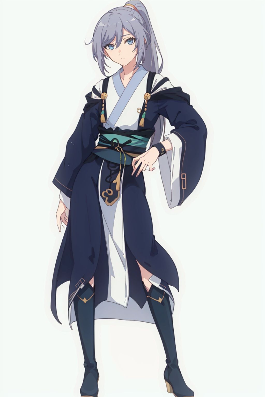 (masterpiece:1.3), (the best quality:1.2), (super fine illustrations:1.2), (Masterpiece), high quality, high detail,((white background:1.2)), looking at viewer, (SOLO:1.4),outline,,simple background,long sleeves, wide sleeves,fu hua,hair between eyes,ponytail,ornament,hair ornament,Grey hair,Chinese clothes,taoist robes, boots, long hair, blue eyes