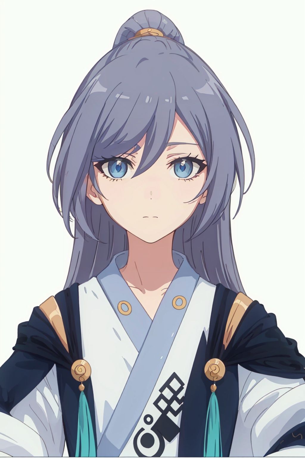 (masterpiece:1.3), (the best quality:1.2), (super fine illustrations:1.2), (Masterpiece), high quality, high detail,((white background:1.2)), looking at viewer, (SOLO:1.4),outline,,simple background,long sleeves, wide sleeves,fu hua,hair between eyes,ponytail,ornament,hair ornament,Grey hair,Chinese clothes,taoist robes, boots, long hair, blue eyes