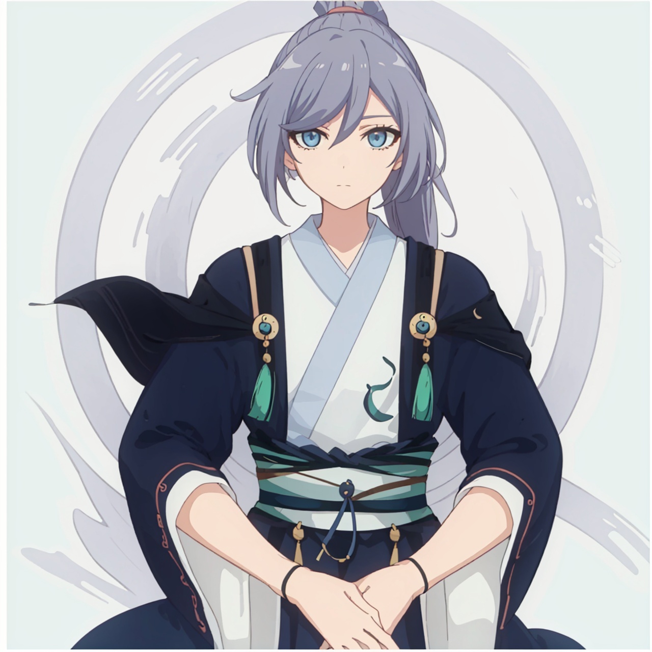  (masterpiece:1.3), (the best quality:1.2), (super fine illustrations:1.2), (Masterpiece), high quality, high detail,((white background:1.2)), looking at viewer, (SOLO:1.4),outline,,simple background,long sleeves, wide sleeves,fu hua,hair between eyes,ponytail,ornament,hair ornament,Grey hair,Chinese clothes,taoist robes, boots, long hair, blue eyes