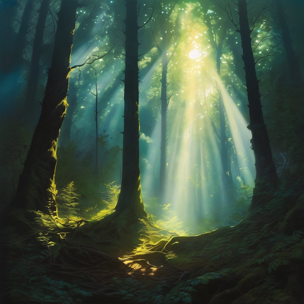 a painting of a forest with a lot of trees and a bright light coming from the sky above it,  Anato Finnstark,  volumetric...