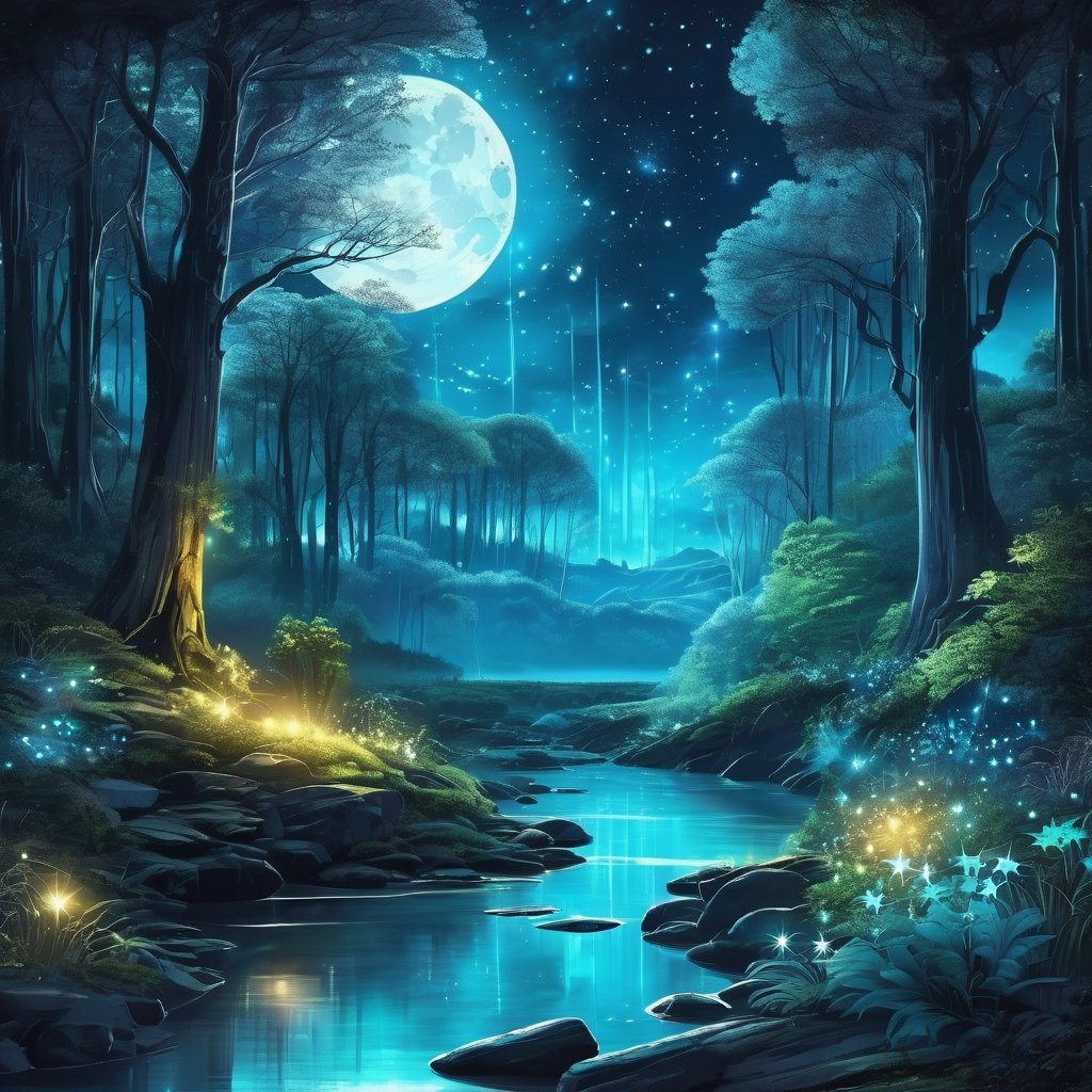 Beautiful enchanted forest illuminated at night sky full moon star bioluminescent trees rivers plants gray digital paintin...
