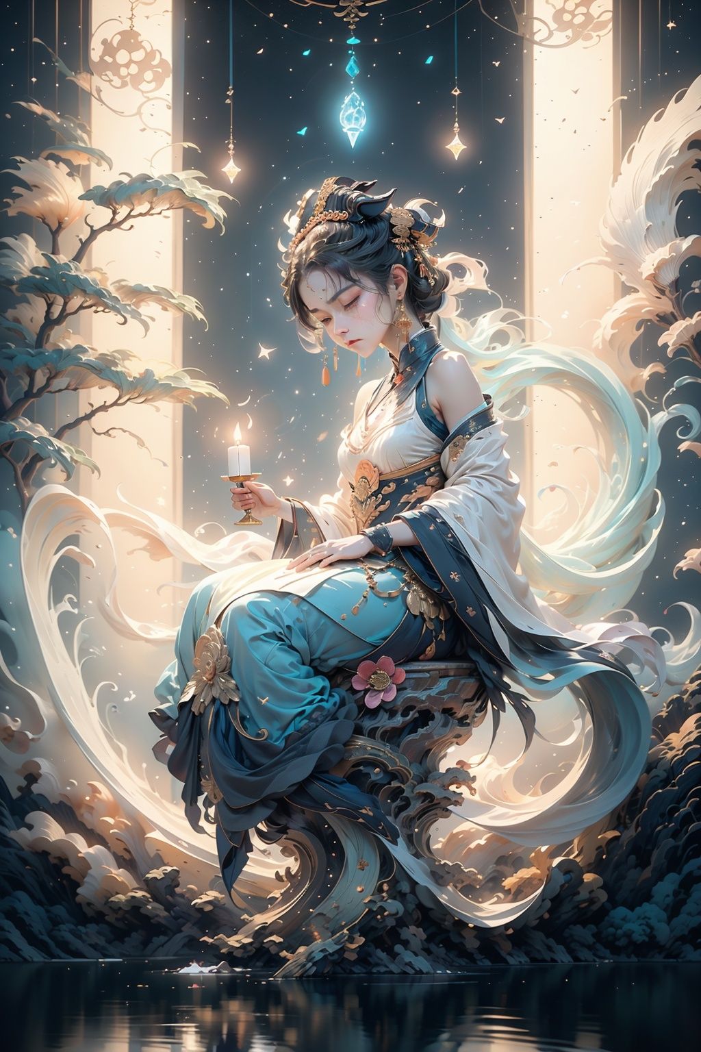 Epic beauty, cinematic light contrast, Oriental mythological style, ultra HD wallpaper, super detail, masterpieces,In the quiet Moon Palace, a candle shines on (mica screen: 1.4), forming (deep shadow: 1.2). The mica on the screen is delicate and transparent (candlelight casts a soft and warm light and shadow through the texture of the mica: 1.3). The whole room is surrounded by this dim light, creating a quiet and mysterious atmosphere. (Outside the window: 1.4), (long river) flowing slowly, faint ripples on the water surface. As the night faded, so did the stars in the sky. In the dawn's light, the stars sank into the long river, as if a sleeping gem sank to the bottom of the water. In this quiet night, (Chang 'e: 1.5) sitting at the window, (wearing neon clothes: 1.5), fairy temperament, her skin (ice muscle jade skin: 1.4), her eyes revealed a hint (sadness and pain: 1.4), (her hand gently caress the windowsill), as if thinking about their past and future, epic beauty， <lora:秋钻炫彩:1>