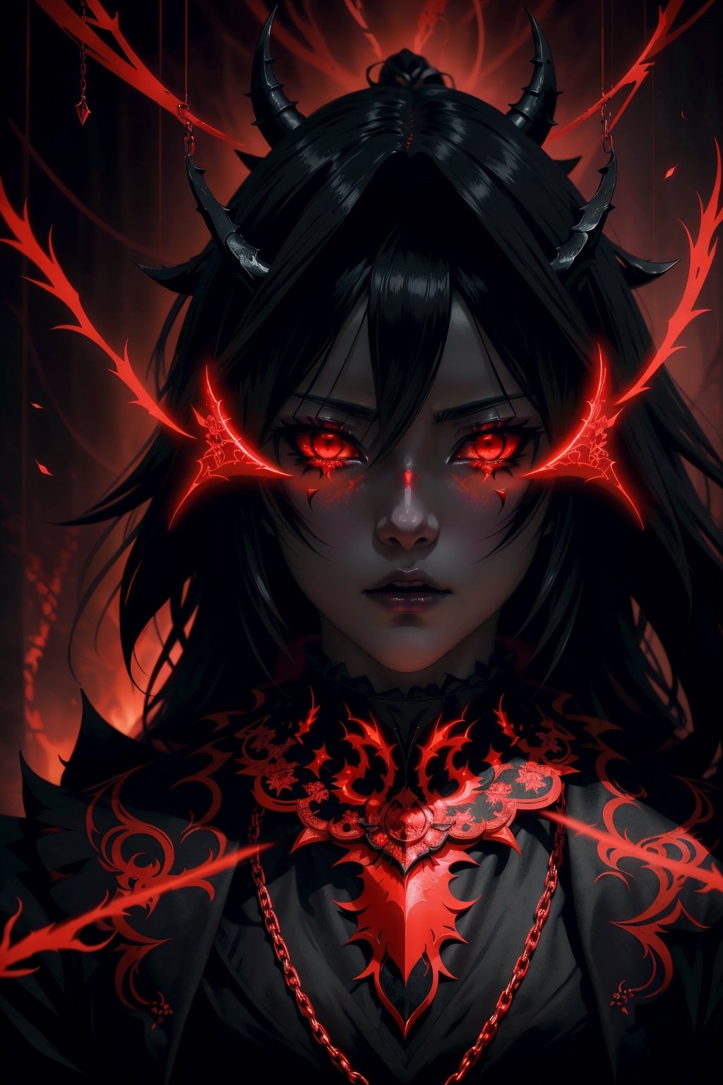 A striking anime character,  shrouded in shadows and poised for battle,  stands against a deep crimson background adorned...