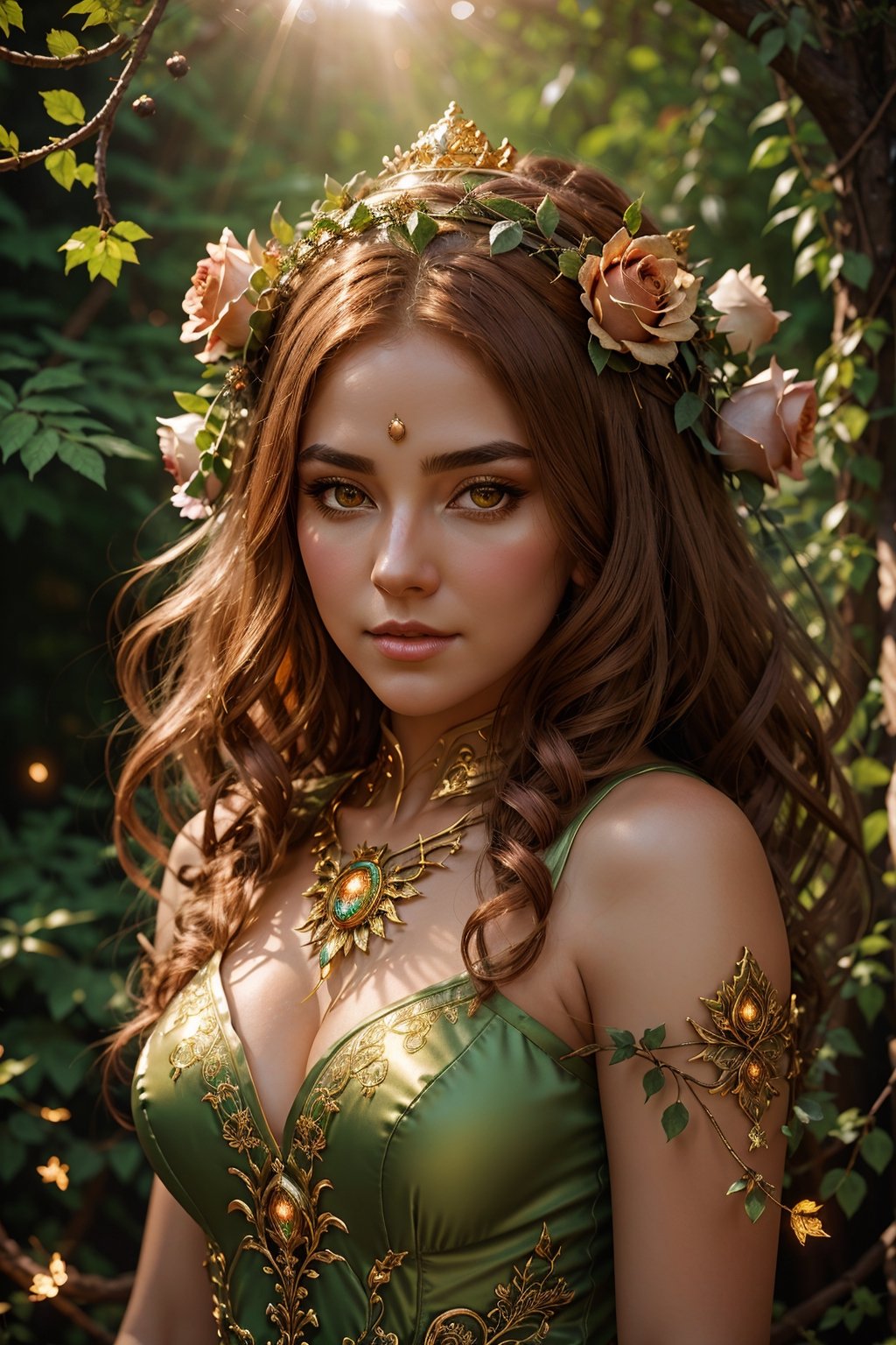 ultra detailed druid goddess with a crown made out of pure light,  kind-hearted with a penetrating gaze,  golden glow on T...