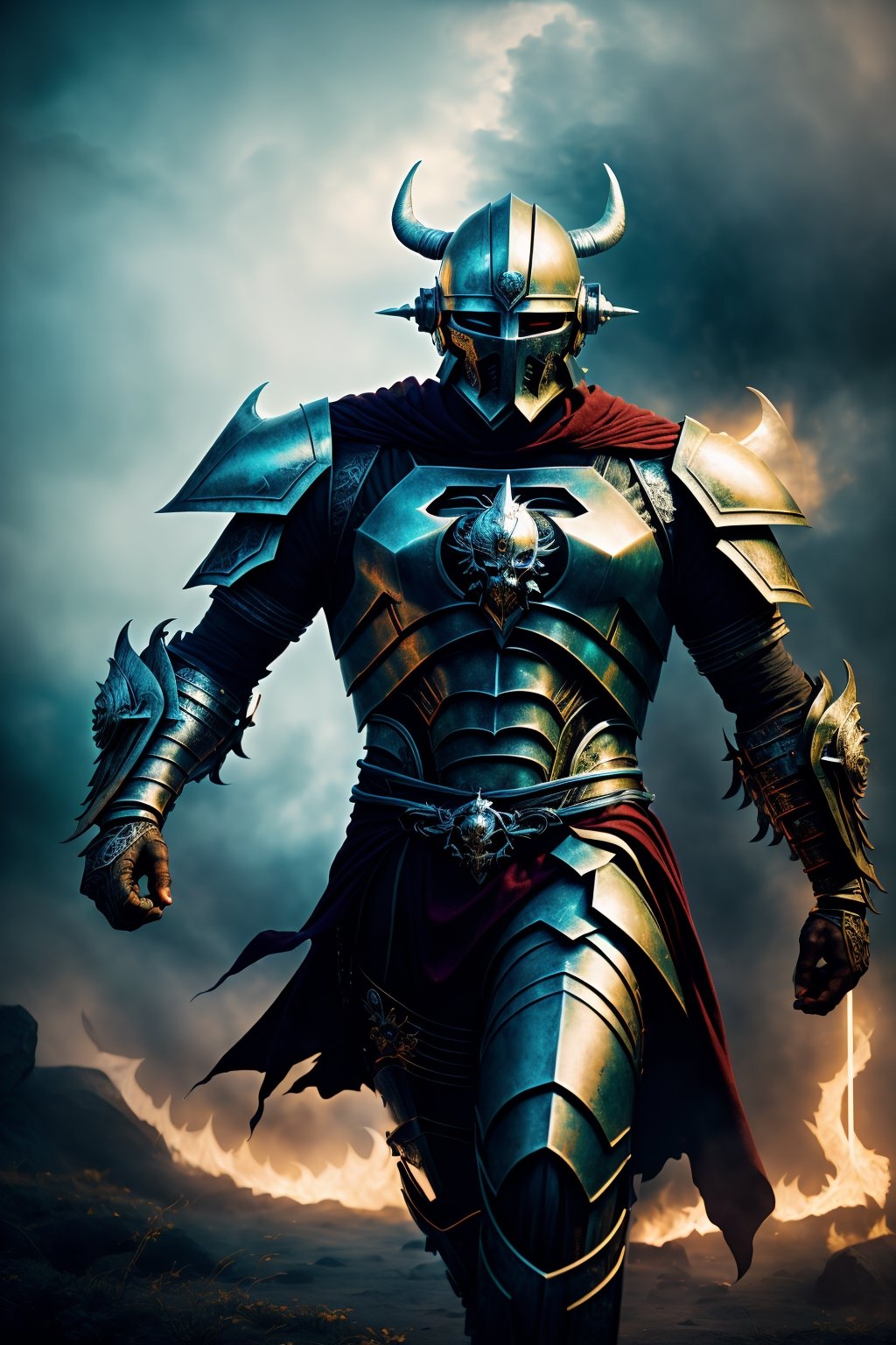 Immerse yourself in an ethereal and artistic composition featuring a metal maiden chaos warrior akin to Superman,  surroun...