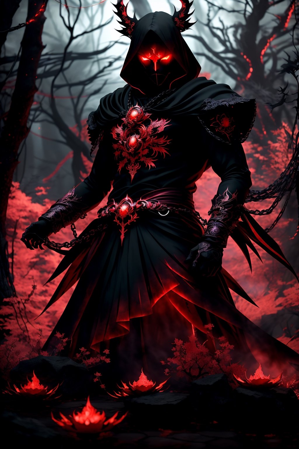 A striking anime character,  shrouded in shadows and poised for battle,  stands against a deep crimson background adorned...