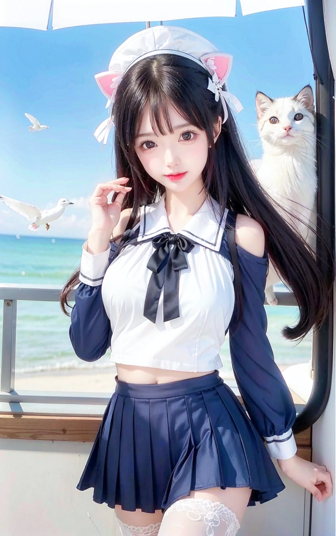  huge breast,huge breast:1.5,huge breast:1.5,animal,black_cat,cat,bird,white_cat,crow,1girl,dog,looking_at_animal,serafuku,skirt,fox,panties,underwear,neckerchief,school_uniform,long_hair,hat,black_serafuku,seagull,white_panties,day,sky,pleated_skirt,chomusuke,sailor_collar,animal_on_shoulder,wind,blue_sky,calico,white_legwear,black_shirt,cat_on_head,pink_neckerchief,cityscape,penguin,wind_lift,wolf,whiskers,red_neckerchief,red_eyes,animalization,pantyhose,holding_cat,