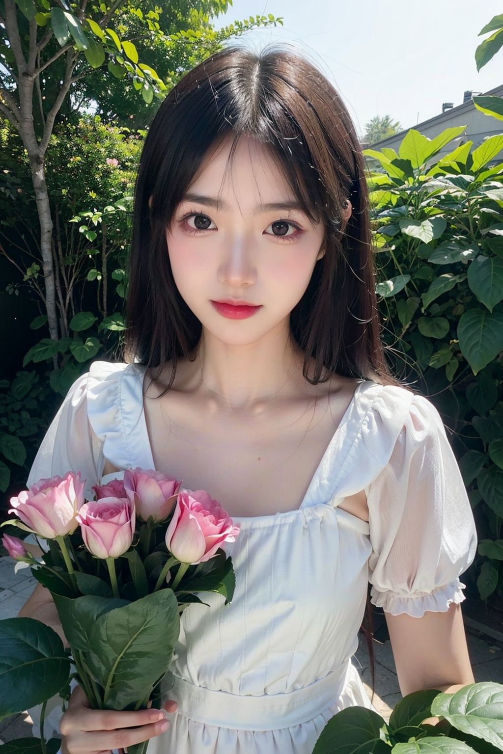 MMN,MN,cho girl,1girl, yuzu, qingsha, medium shot, solo, emotional_face, flower dress, flower armor, looking_at_viewer, green_theme, colorful blooming flowers, forming a dreamlike world, flower_garden, flowers everywhere, greens, pinks, bokeh, cinematic, exposure blend, (teal and orange:0.85), (muted_colors, dim_colors, soothing_tones:1.3), high contrast, low saturation, (Canon RF 85mm f/1.2L),tifa,huolinger,glint sparkle