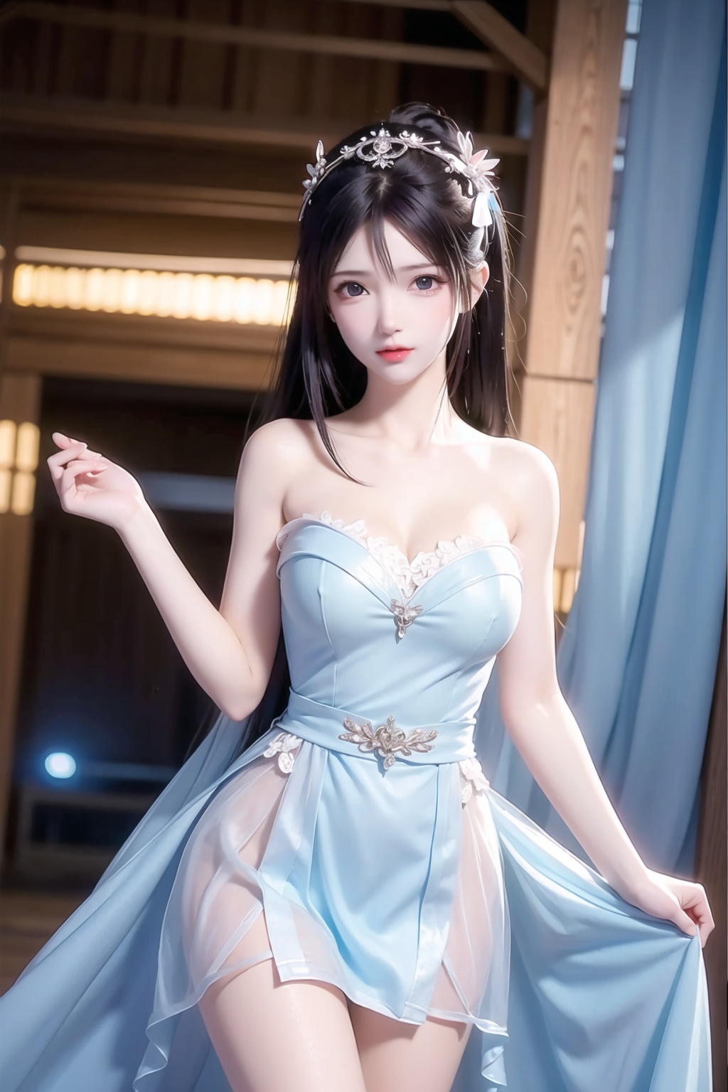  (Masterpiece, Best Quality: 1.4),High Resolution, Ultra Detail, (1girl: 1.3), BREAK IR Photography, Otherworldly Tones, Surrealist Landscapes,Vivid Colors,Creative Expression, Textured Art,(good hands),yuechan,yx-hd,1girl,meidusha,tianhu,liushen,yunyun,A girl,kawaiitech,xwhd,yun,The glowing eyes, the seductive expression,face,cowboy shot, solo,Perfect long legs, sexy long legs,(round),(((Stand gracefully))),(Plump figure),tactile,full,healthy,solid,healthy,(((Simple French strapless dress in light blue))),Clean neck, clean chest,Purple pupils, purple eyes,Sexy poses, hot bodies, body displays,girl, 1girl