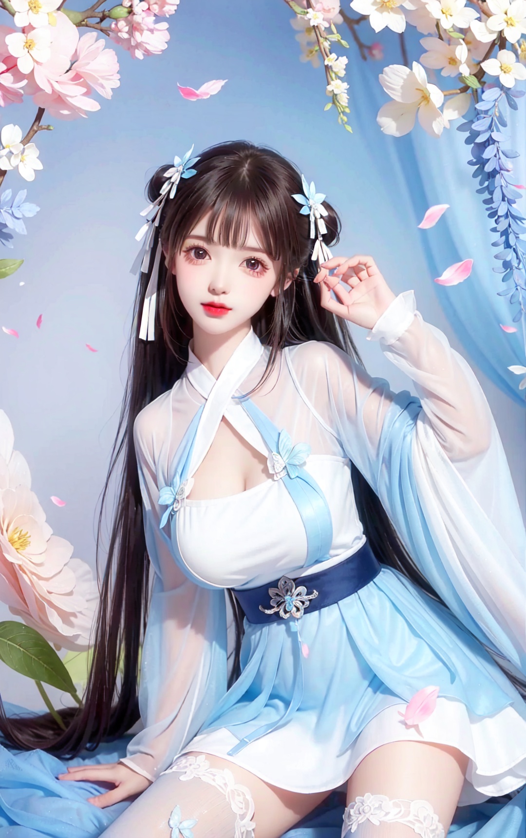  huge breast,(huge breast:1.2),huge breast:1.3,hanfu,1girl, solo, dress, long hair, butterfly, brown hair, thighhighs, bug, flower, hair ornament, looking at viewer, white dress, bangs, white thighhighs, long sleeves, parted lips, butterfly hair ornament, wisteria, red lips, petals, blunt bangs, 1girl, cuteloli,8k