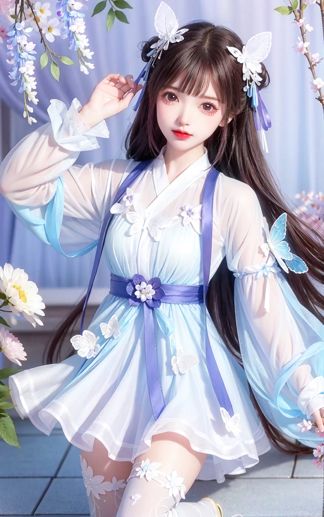  hanfu,1girl, solo, dress, long hair, butterfly, brown hair, thighhighs, bug, flower, hair ornament, looking at viewer, white dress, bangs, white thighhighs, long sleeves, parted lips, butterfly hair ornament, wisteria, red lips, petals, blunt bangs, 1girl, cuteloli,8k
