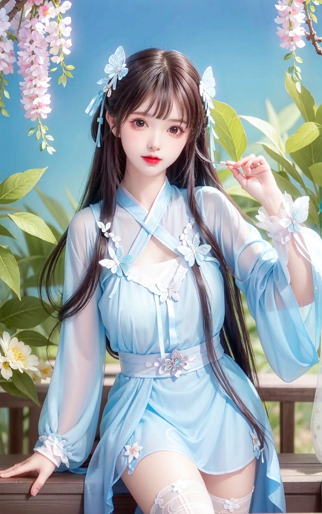 huge breast,huge breast:1.5,huge breast:1.5, hanfu,1girl, solo, dress, long hair, butterfly, brown hair, thighhighs, bug, flower, hair ornament, looking at viewer, white dress, bangs, white thighhighs, long sleeves, parted lips, butterfly hair ornament, wisteria, red lips, petals, blunt bangs, 1girl, cuteloli