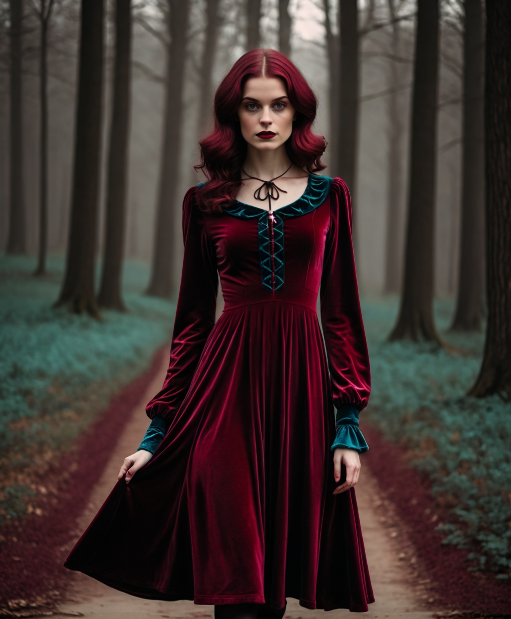 of dark red velvet long sleeve dress,  in the style of romantic and nostalgic themes,  witchy academia on Tensor.Art