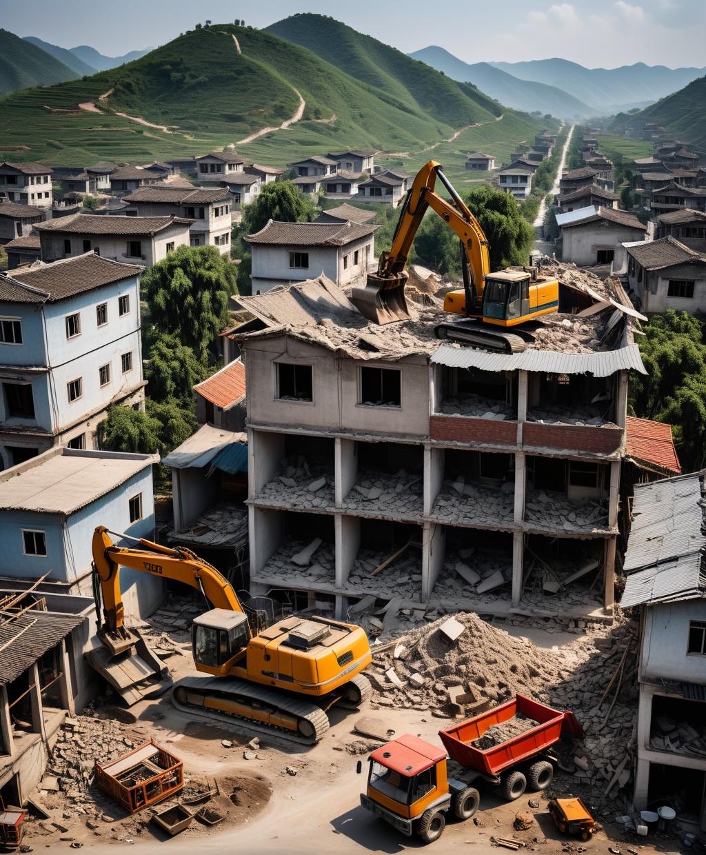 of On the streets of rural China,  workers and machinery are demolishing a two-story small villa,  Highly Detailed on Tens...