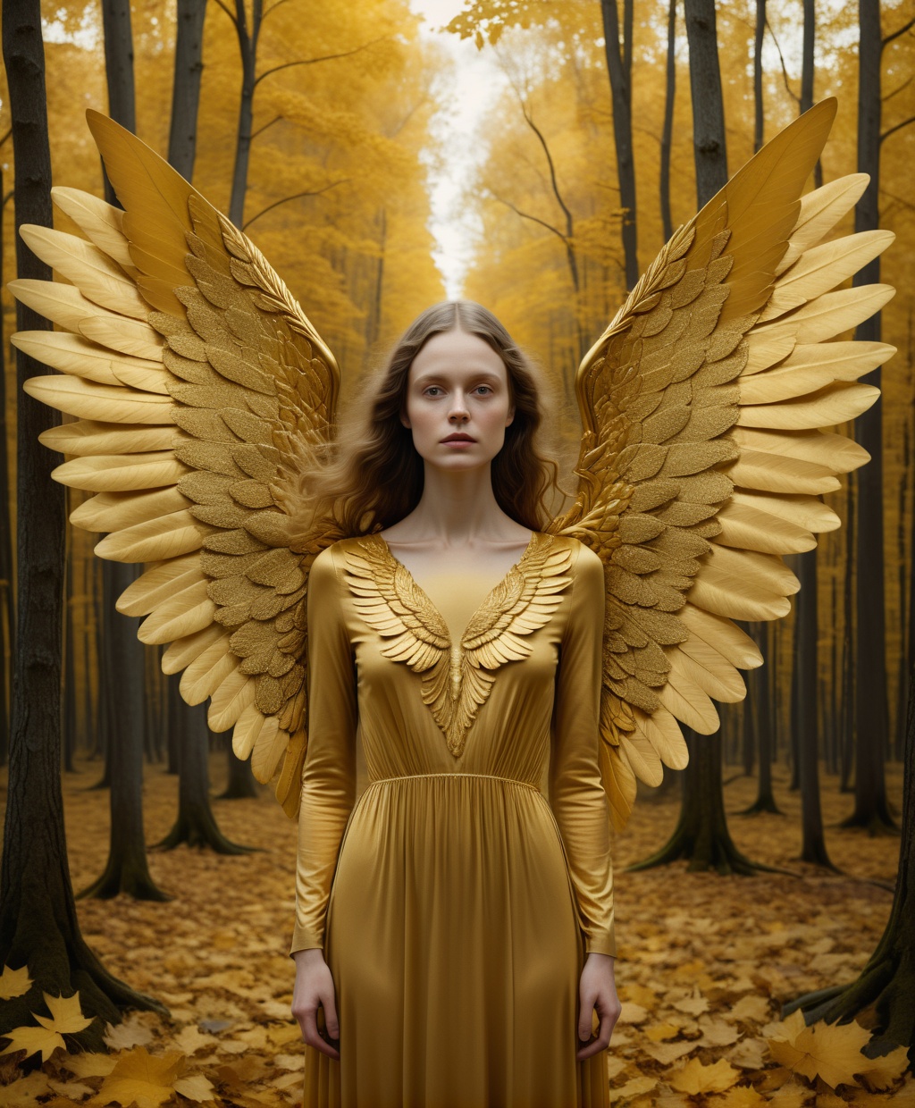 of a woman in a golden dress is standing with wings in the background,  in the style of patty maher,  richard phillips on...