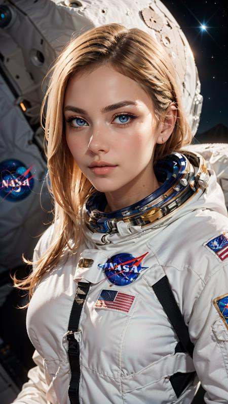 raw photo of a sexy woman,  on the moon wearing a space suit,  long blonde hair on Tensor.Art