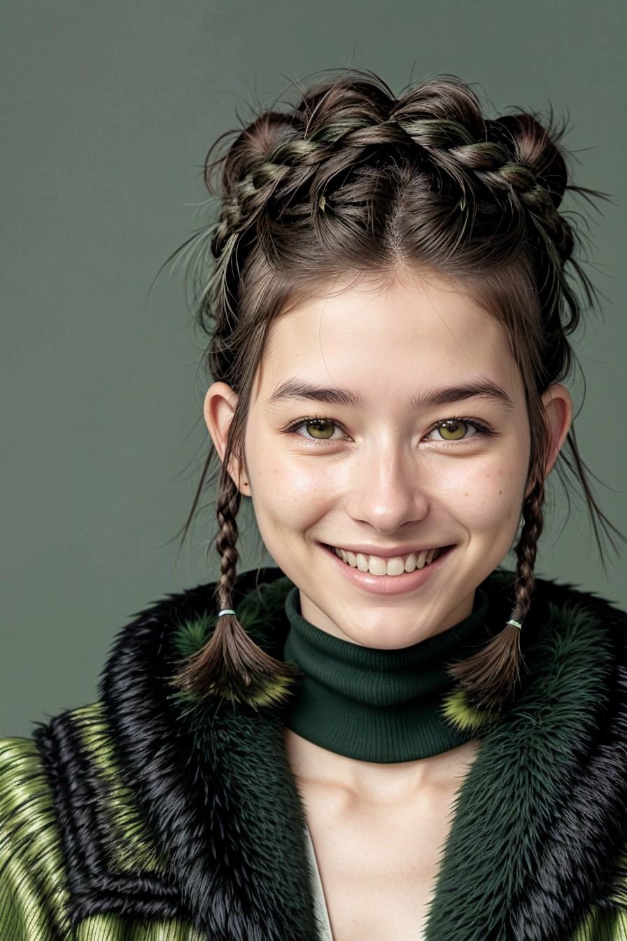 headshot of photo of PatiTonin,  focus on smiling face,  wearing a fur-lined jacket on Tensor.Art