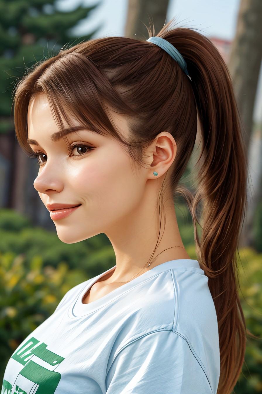 headshot of Lena ,  focus on smiling face,  side view wearing a tshirt and jeans on Tensor.Art