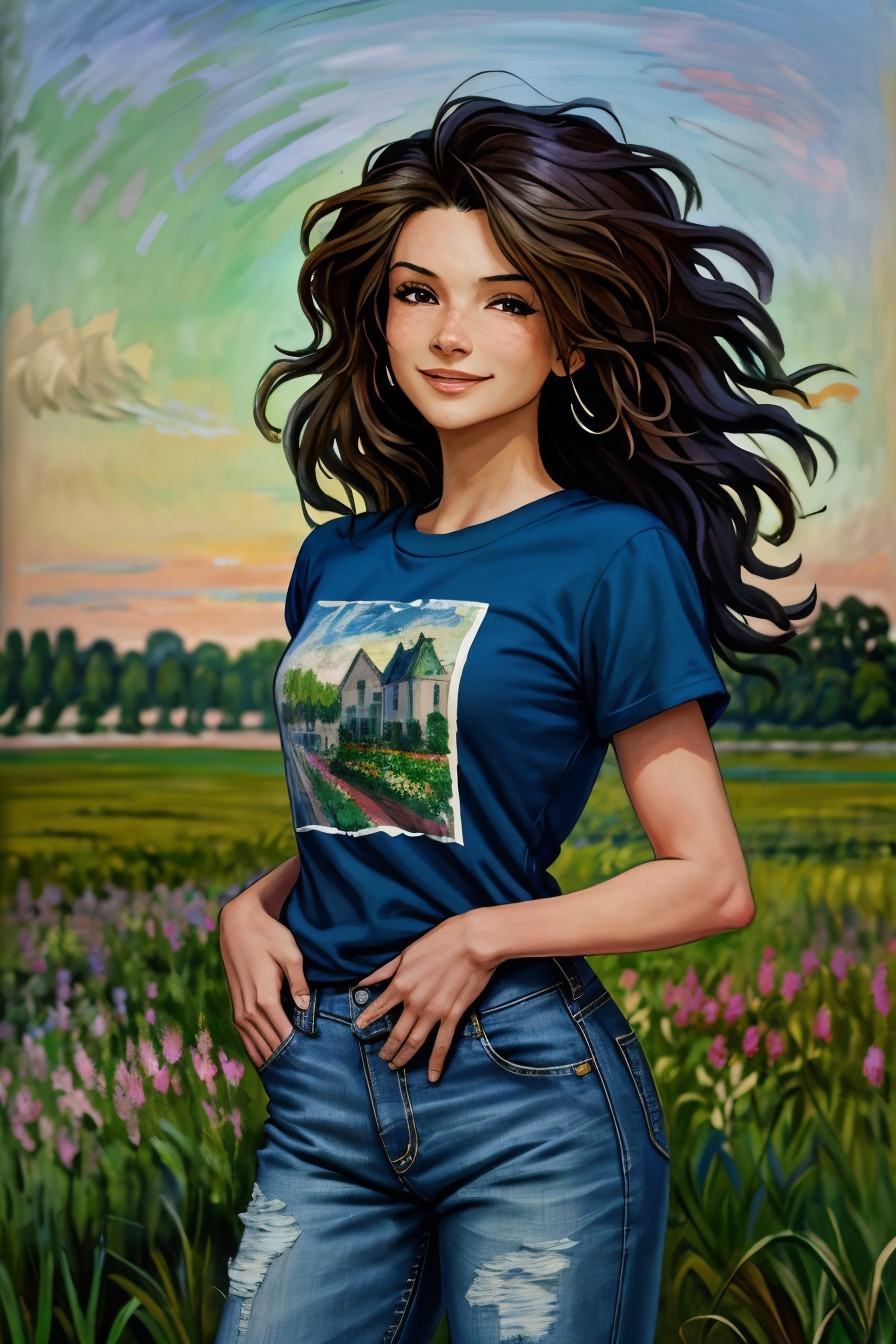 headshot of AliceGreczyn,  focus on smiling face,  wearing a tshirt and jeans on Tensor.Art