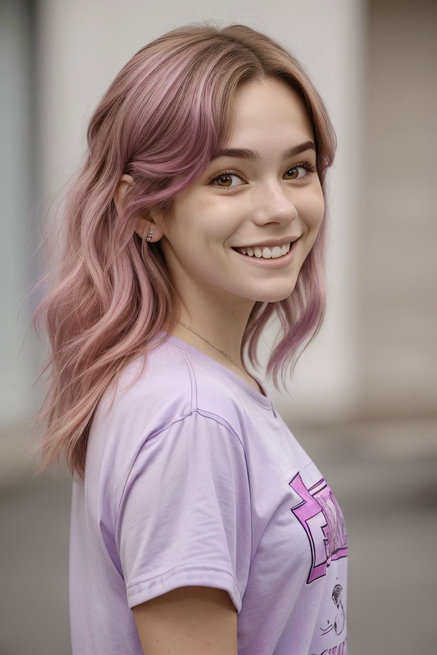 headshot of realistic photo of MakenzieRaine,  focus on smiling face,  side view wearing a t-shirt dress on Tensor.Art