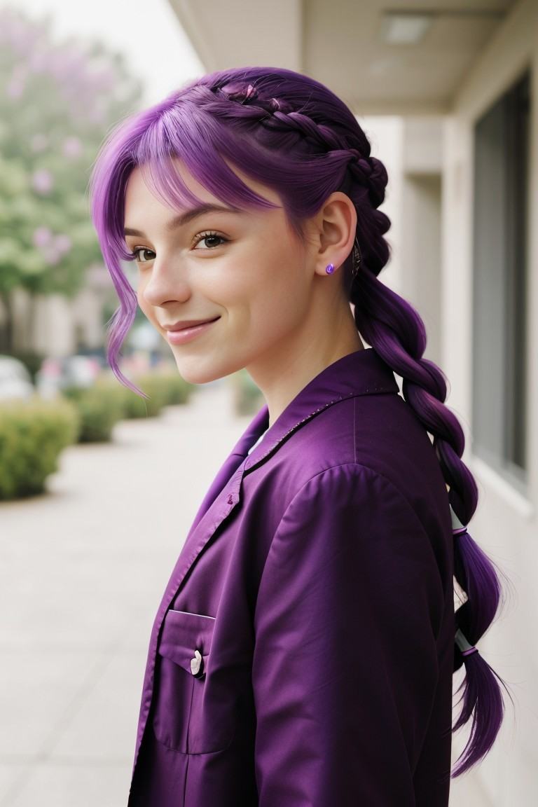 headshot photo of SavannahRaeDemers,  focus on smiling face,  side view wearing cosplay clothing on Tensor.Art