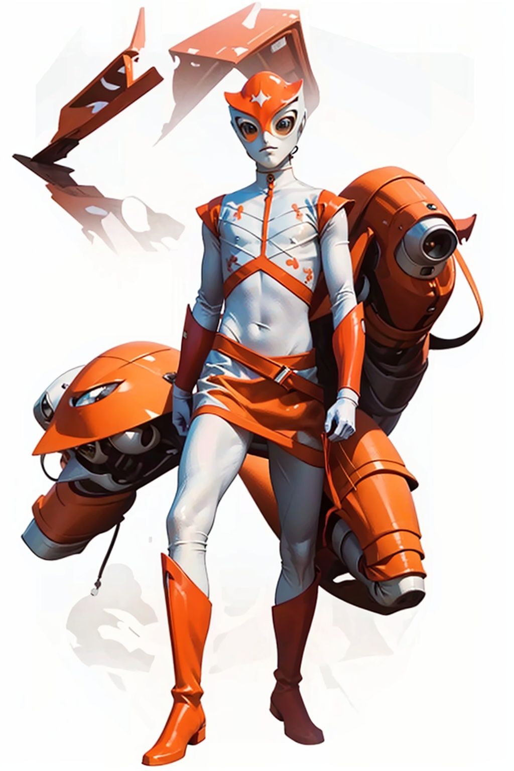 (masterpiece:1.3), (the best quality:1.2), (super fine illustrations:1.2), (Masterpiece), high quality, high detail,((white background:1.2)), looking at viewer, (SOLO:1.4),outline,,simple background, boots,armor,bodysuit,helmet, red gloves,boots