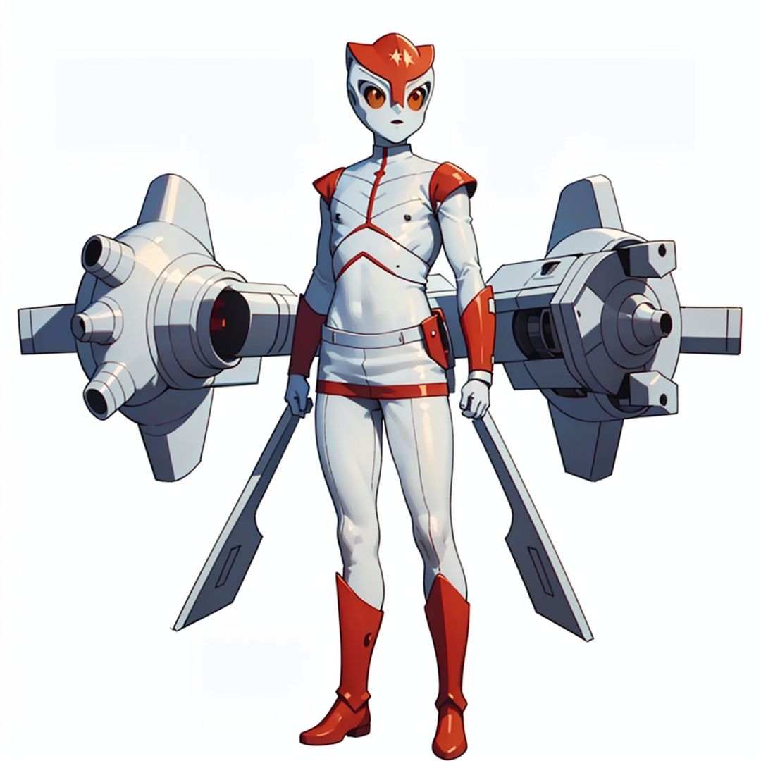 (masterpiece:1.3), (the best quality:1.2), (super fine illustrations:1.2), (Masterpiece), high quality, high detail,((white background:1.2)), looking at viewer, (SOLO:1.4),outline,,simple background, boots,armor,bodysuit,helmet, red gloves,boots