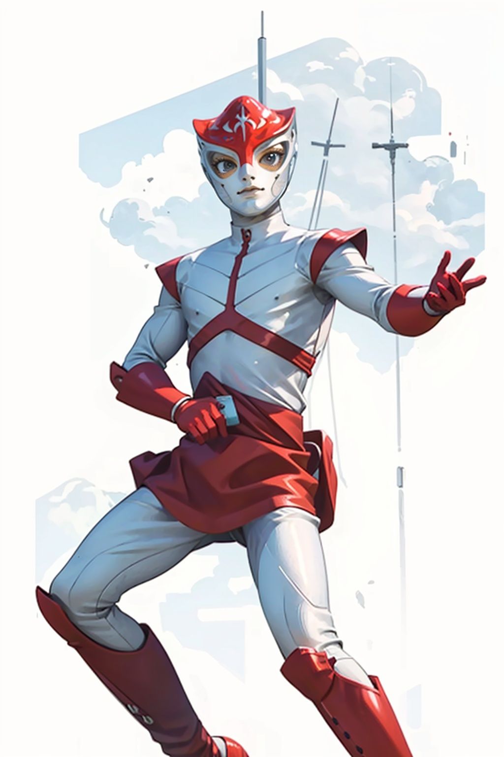 (masterpiece:1.3), (the best quality:1.2), (super fine illustrations:1.2), (Masterpiece), high quality, high detail,((white background:1.2)), looking at viewer, (SOLO:1.4),outline,,simple background, boots,armor,bodysuit,helmet, red gloves,boots