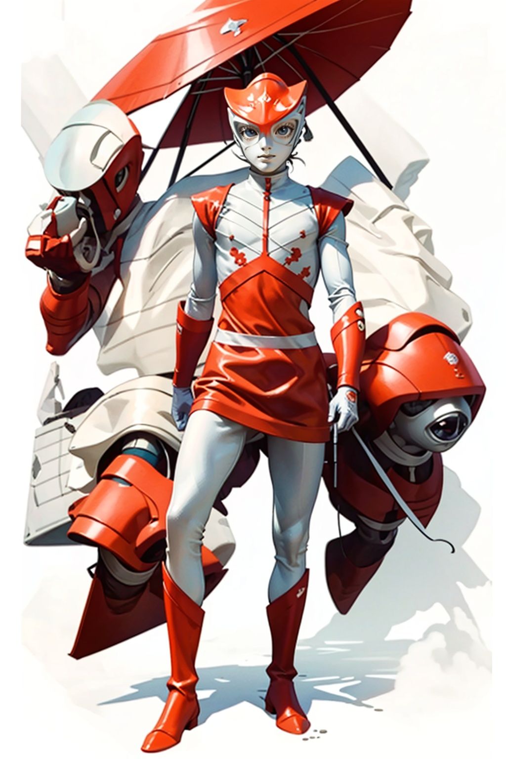 (masterpiece:1.3), (the best quality:1.2), (super fine illustrations:1.2), (Masterpiece), high quality, high detail,((white background:1.2)), looking at viewer, (SOLO:1.4),outline,,simple background, boots,armor,bodysuit,helmet, red gloves,boots