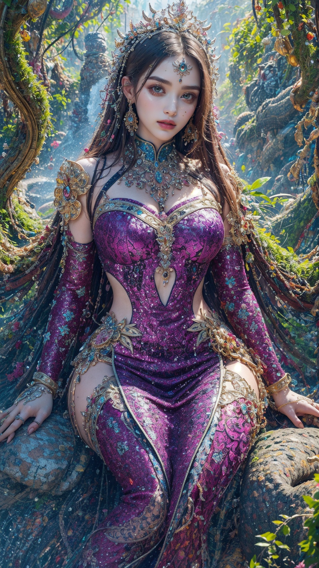 intricate image a beautiful glass woman with her body resembling planet earth seated at a large rock,  green foliage and p...
