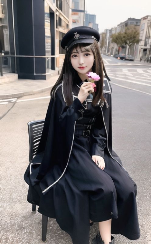 1girl, military style lolita,cape,outdoors,  city,sitting on desk,holding flower, full body, <lora:military_style_lolita:0.7>   <lora:japaneseDollLikeness_v15:0.7>