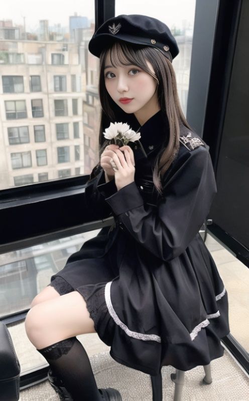 1girl, military style lolita,city,holding flower, sitting on desk, full body, <lora:military_style_lolita:0.7>   <lora:japaneseDollLikeness_v15:0.7>