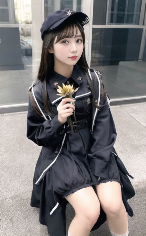 1girl, military style lolita,city,holding flower, sitting on desk, full body, <lora:military_style_lolita:0.7>   <lora:japaneseDollLikeness_v15:0.7>