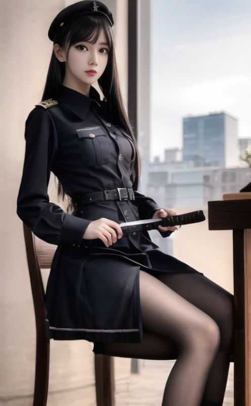 1girl, military style lolita,city,holding sword, sitting on desk, full body, <lora:military_style_lolita:0.7>   <lora:domineering lady:0.7>