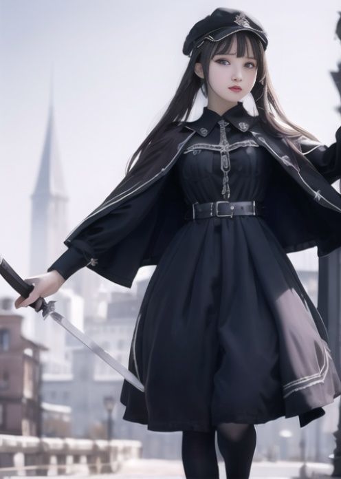1girl, military style lolita,cape,city,holding sword,  running,  <lora:military_style_lolita:0.7>  <lora:cutegirl25d:0.7>