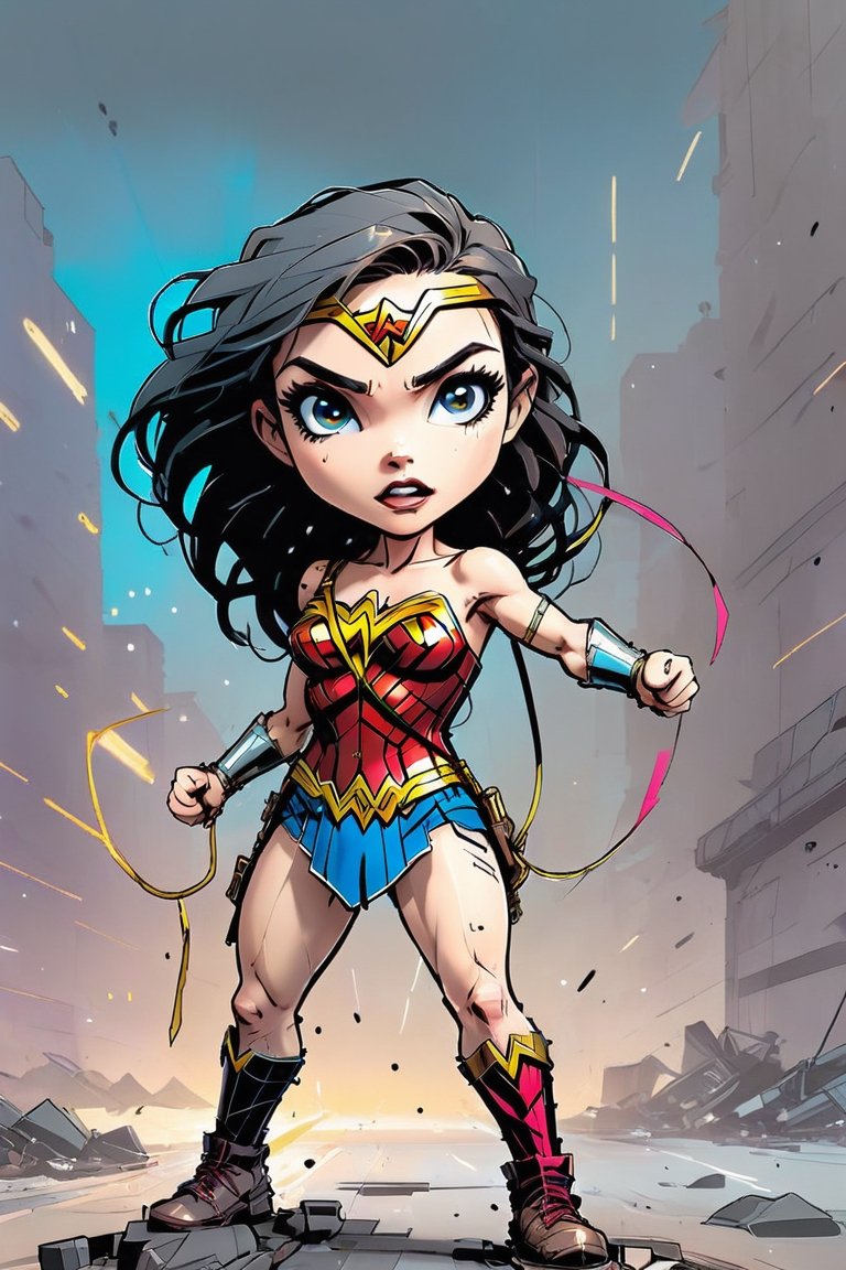 inkpunk style illustration chibi Wonder Woman,  action pose,  chaotic background on Tensor.Art