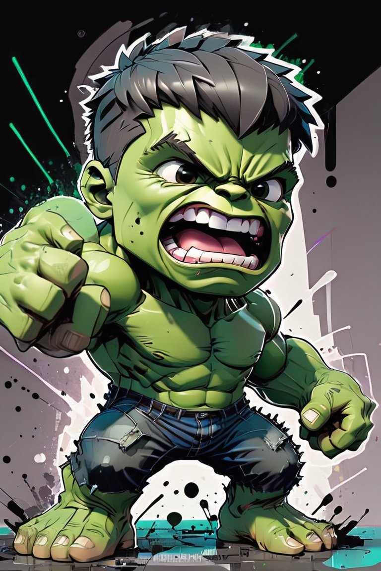 inkpunk style illustration chibi hulk,  action pose,  chaotic background on Tensor.Art