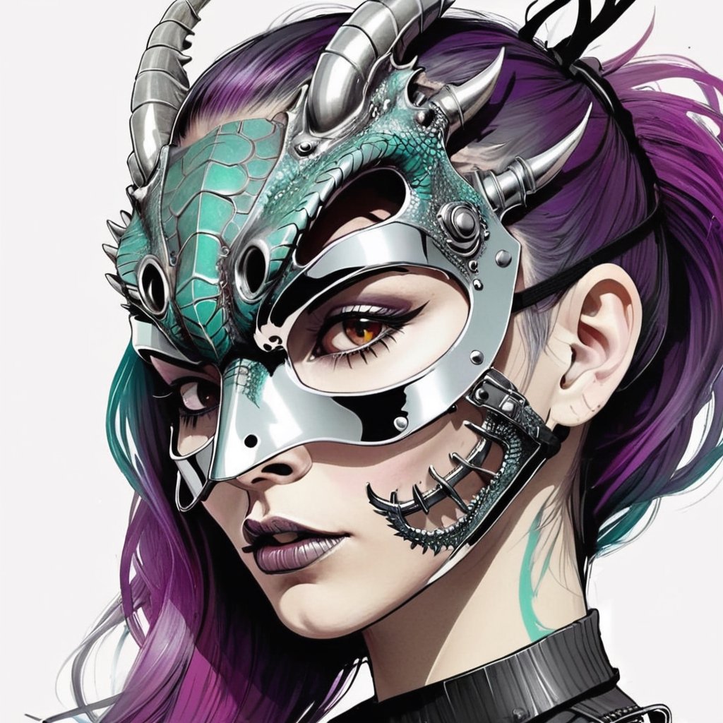 Inkpunk creepy style illustration terrific,  woman with a dragon chrome plated mask on Tensor.Art