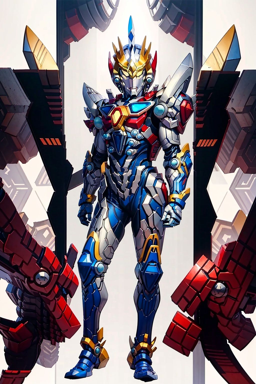 (masterpiece:1.3), (the best quality:1.2), (super fine illustrations:1.2), (Masterpiece), high quality, high detail,((white background:1.2)), looking at viewer, (SOLO:1.4),outline,,simple background, helmet,mask,cover,gauntlets,shoulder armor,armor,breastplate,robot,super robot, mecha