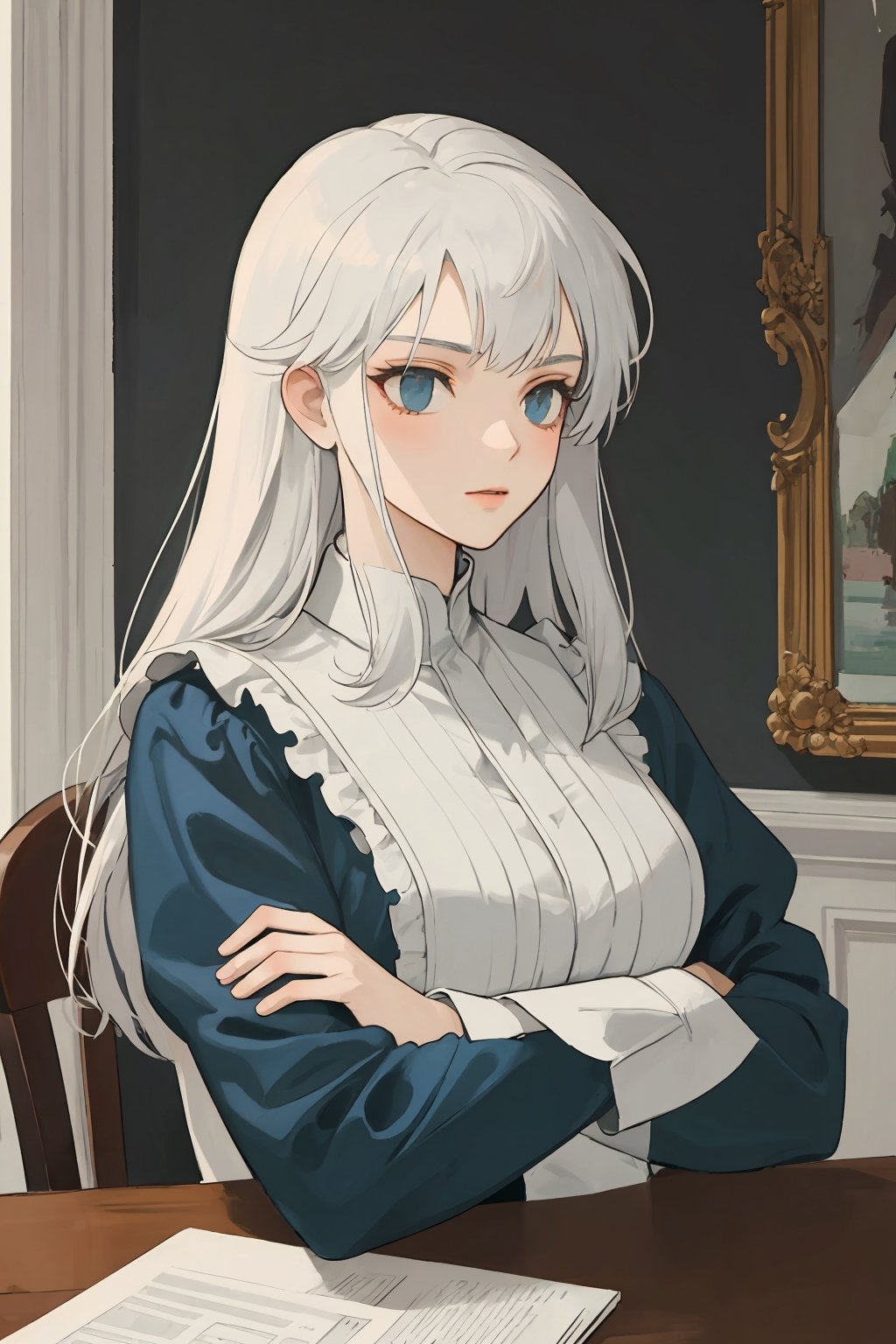 (hyper detailed),  woman with folded arms leaning on a table looking straight ahead painted like Ilya repin by mooyou on T...