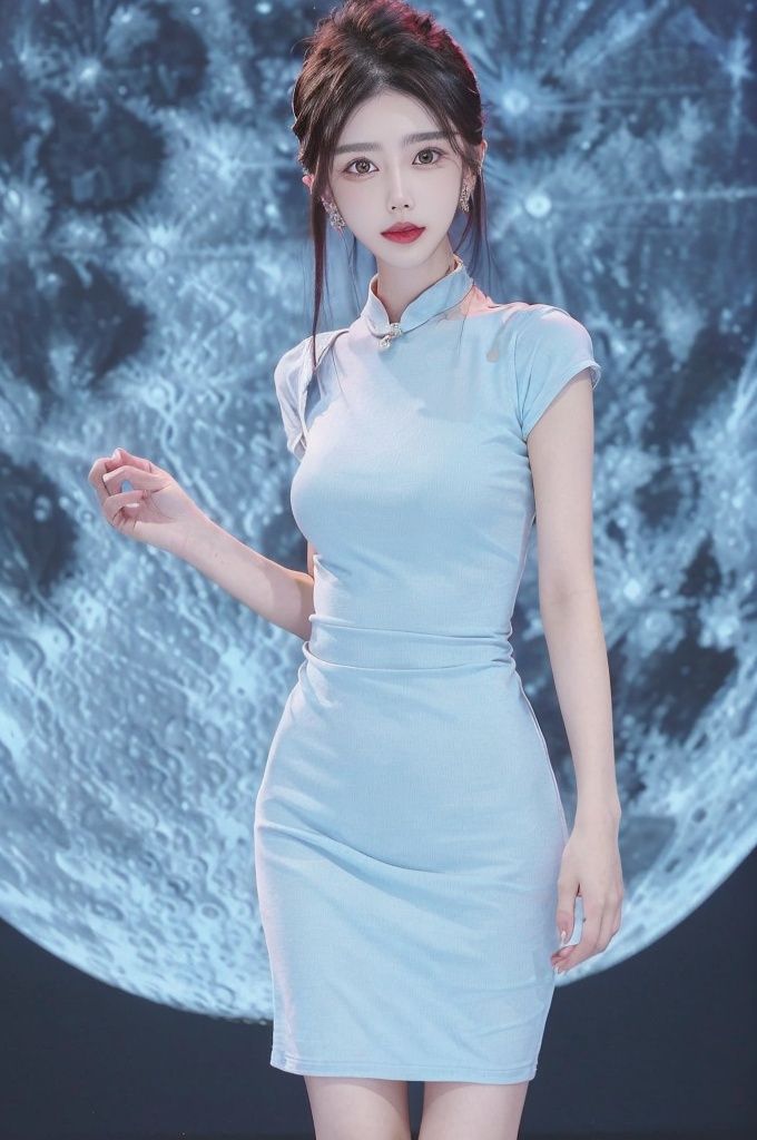 wanglin, 1girl, solo, earrings, jewelry, moon, dress, black hair