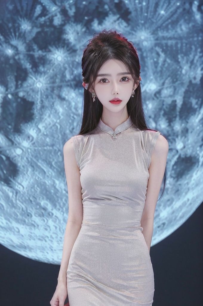 wanglin, 1girl, solo, earrings, jewelry, moon, dress, black hair